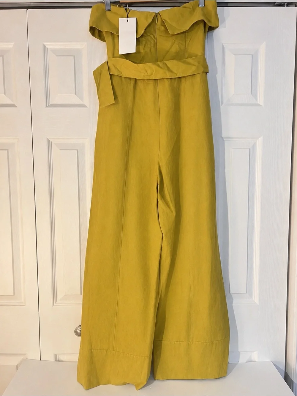 ZARA Strapless Linen-blend Wide Leg Belted Jumpsuit Mustard Olive NWT M